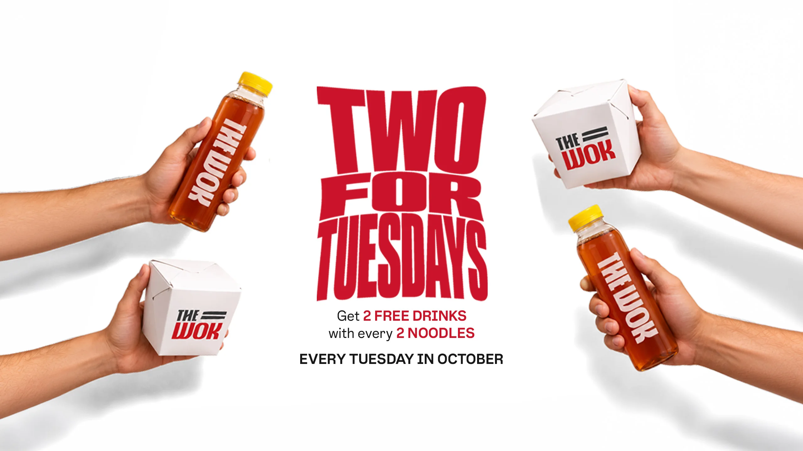 Two for Tuesdays: get 2 Free drinks with every 2 Noodles. Every Tuesday in October.